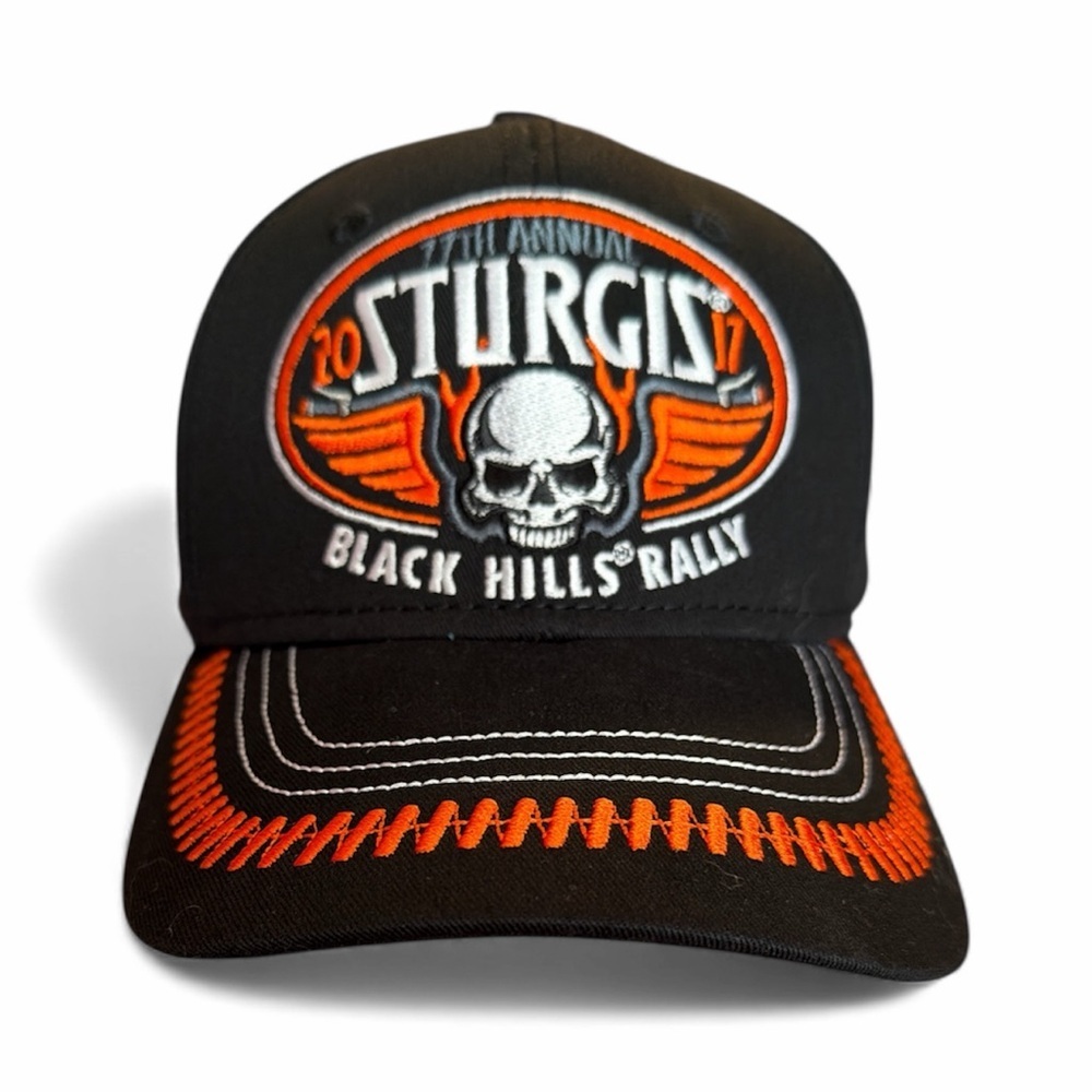 Black Sturgis Black Hills Rally 77th Annual baseball cap with orange stitching
